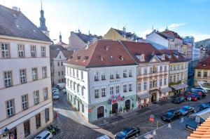 an aerial view of a city with buildings at Betlem Club Hotel in Prague