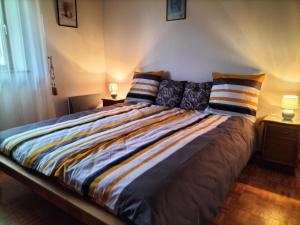 a large bed with pillows on it in a bedroom at Charming flat with barbecue in Dombasle-devant-Darney