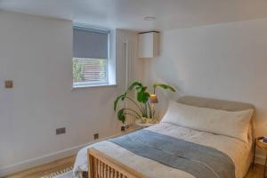 a bedroom with a bed and a window and a plant at Modern self-contained Studio with own access in Stroud Green in London