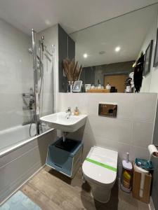 a bathroom with a sink and a toilet and a shower at A cosy apartment near Crawley Station/Gatwick Airport in Crawley