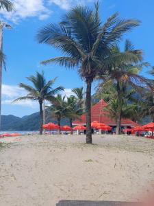 a group of palm trees on a beach with red umbrellas at Apartamento Brisa Do Mar em Peruíbe in Peruíbe