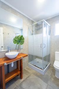 a bathroom with a glass shower and a sink at Nolana hotel in Taltal