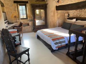 a bedroom with a bed and a mirror and a chair at Manoir La Barriere - Lot in Le Vigan +21 photos