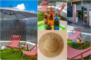 a collage of photos with a picnic table and a chair and bottles at Charmant studio avec vue sur mer à Sainte-Luce - 30m² in Sainte-Luce +4 photos