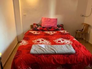 uma cama com um edredão vermelho num quarto em AMFIBIANHouse em Dahab