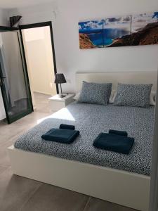 1 dormitorio con 1 cama con 2 almohadas en Luxury Villa sea front Costa Teguise en Costa Teguise