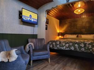 1 dormitorio con 1 cama, TV y sillas en B&B 't Maartensdijkse Bos, en Maartensdijk