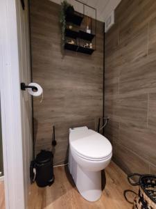 uma casa de banho com um WC branco num quarto em B&B 't Maartensdijkse Bos em Maartensdijk