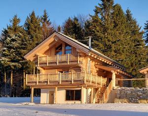 a large log cabin with a deck in the snow at Böhmerwald Lodges in Ulrichsberg