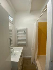 a white bathroom with a sink and a mirror at Cosy studio proche des plages in Pérols