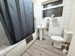 a bathroom with a toilet and a sink and a shower at spacious luxury near city center free parking in Coventry