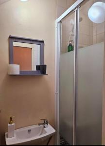 a bathroom with a shower and a sink and a mirror at spacious luxury near city center free parking in Coventry