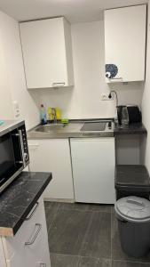 cocina blanca con fregadero y microondas en Sahra 1Zi. Wohnung Arheiligen, en Darmstadt