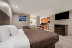 een slaapkamer met een groot bed en een flatscreen-tv bij Americas Best Value Inn I-45 / Loop 610 in Houston