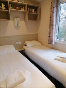 two beds in a room with a window at Victory - idyllic holiday home in Hastings in Hastings