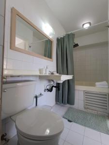 ein Badezimmer mit einem WC, einem Waschbecken und einem Spiegel in der Unterkunft Laguna Suite & More in Porlamar