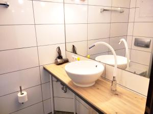 een badkamer met een witte wastafel en een spiegel bij Sroom 118 and 119 in Center in Reutlingen