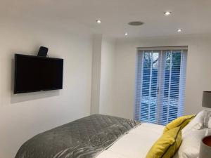 um quarto com uma cama e uma televisão de ecrã plano em Hertford fabulous 2 bed garden apartment em Hertford
