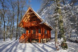 La Boissière-École的住宿－Domaine de la Butte Ronde，雪中树林里的小木屋