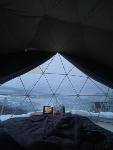 einen Blick von der Innenseite eines Zeltes mit einem TV in der Unterkunft 4 seasons. 4 სეზონი Glamping Georgia Racha in Ambrolauri