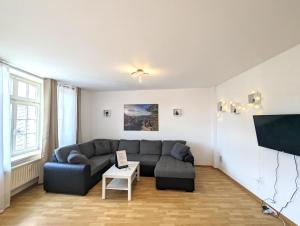 a living room with a couch and a tv at HW2B - Urlaubsmagie - Wohlfühlwohnung mit Balkon, Pool, Sauna & Terrasse in Sebnitz +78 photos