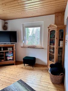 ein Wohnzimmer mit einem TV und einem Fenster in der Unterkunft Wald WG - Haus am Wald in Warmensteinach