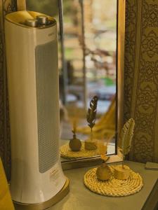 a counter with a speaker and cactuses on a table at Four caravan in AlUla