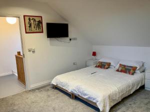 Les Trois Blocs في نيوكاسل: غرفة نوم مع سرير وتلفزيون على الحائط