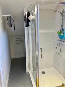 eine Dusche mit Glastür im Bad in der Unterkunft Les Trois Blocs in Newcastle