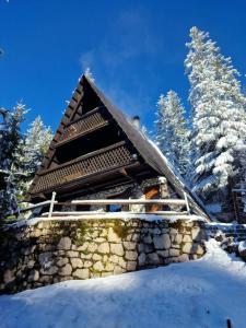 a cabin in the snow with snow covered trees at Winter house Vlasic in Šišava