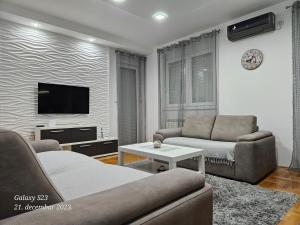 a living room with a couch and a tv at Apartman Vukota Pirot in Pirot