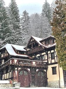 duży drewniany dom z śniegiem na górze w obiekcie Vila Șipot - Casa Arhitecților w mieście Sinaia