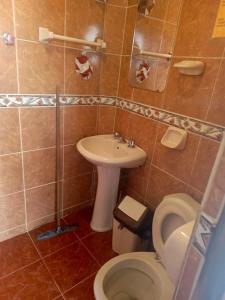 a bathroom with a toilet and a sink at Hostal Imperial Carlos V in Potosí