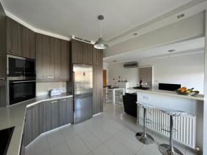 a kitchen with stainless steel appliances and wooden cabinets at Majestic Boutique Apartment/2BR in Nicosia