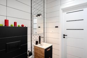 La salle de bains est pourvue d'un lavabo et d'un miroir. dans l'établissement Apartament Dąbrówka w Winiarni, à Dąbrówka Szczepanowska