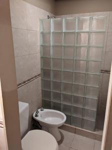 een badkamer met een toilet, een wastafel en een douche bij Inmuebles Elías in La Cieneguita