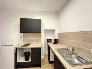 a small kitchen with a sink and a refrigerator at Cosy appt, Centre de Lyon Bellievre 1 in Lyon