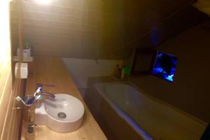 a bathroom with a sink and a bath tub at Mon petit Appartement Montagnard du Plateau in Saint-Hilaire +7 photos