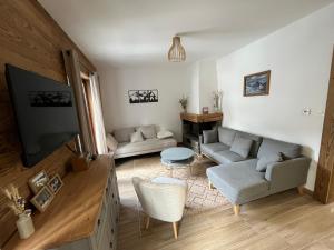 a living room with a couch and a tv at CHALET DE CHARME LE GOLEON - 3 Chambres - VALLOIRE CENTRE in Valloire