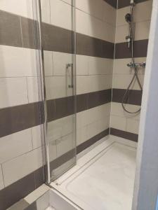La salle de bains est pourvue d'une douche avec une porte en verre. dans l'établissement Cosy, central et convivial, à Trouville-sur-Mer