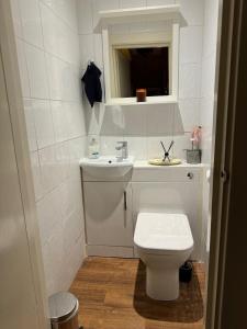 a white bathroom with a toilet and a sink at Edinburgh TWO BEDROOM apartment with free side street parking 24 hours in Edinburgh