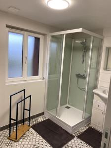 a bathroom with a shower and a sink at Maison "La Butte" - Suisse Normande in Ségrie-Fontaine