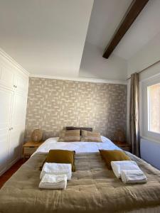 um quarto com uma cama grande com duas almofadas em Deux chambres avec terrasse dans le centre ville d'Aix en Provence em Aix-en-Provence