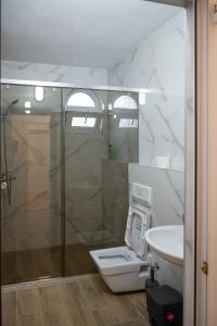 a bathroom with a shower and a toilet and a sink at Hotel Lux in Struga