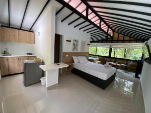 1 dormitorio con 1 cama y escritorio en una habitación en CRISTALES DEL RIO RESORT, en San Rafael