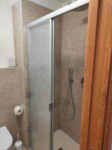 y baño con ducha y puerta de cristal. en B&B Alverà, en Cortina dʼAmpezzo