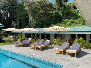 eine Gruppe von Stühlen und Sonnenschirmen neben einem Pool in der Unterkunft Paradiselodge Casa Romantica in Platanillo