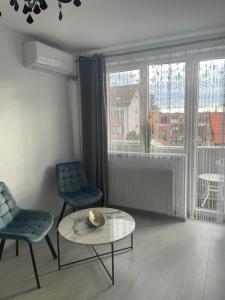 a living room with two chairs and a table and a window at Apartament Central in Oradea