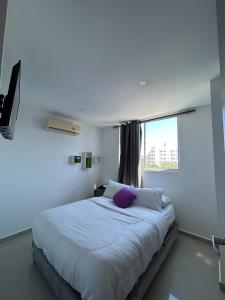 a bedroom with a white bed with a purple pillow at Hotel Sun Suite in Barranquilla