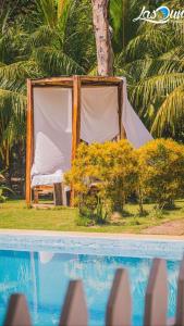 a chair sitting next to a pool next to a tree at Las Dunas Surf Resort in Aposentillo